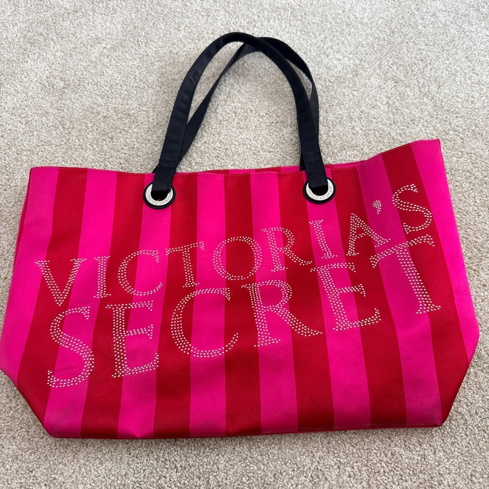 Victoria's Secret Tote Bag Women OS Pink Red Striped Rhinestone Logo Carryall